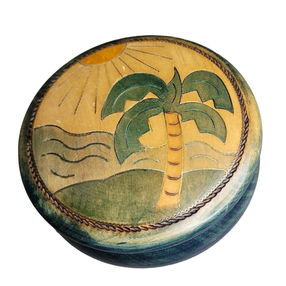 wooden hand carved tropical themed round box container with shells sand dollar